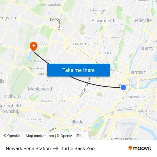 Newark Penn Station to Turtle Back Zoo map