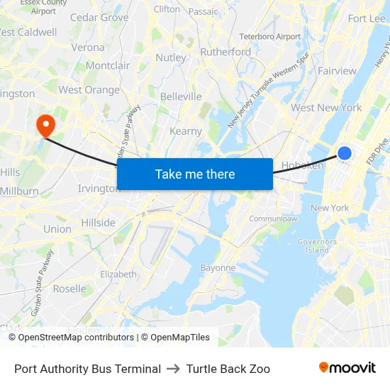 Port Authority Bus Terminal to Turtle Back Zoo map