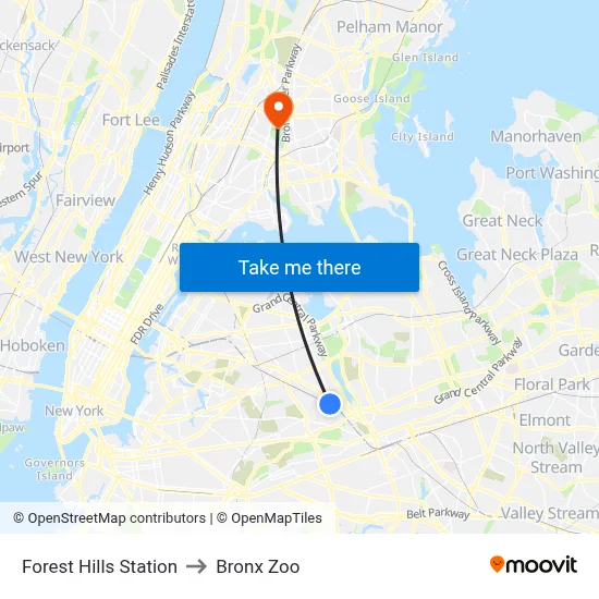 Forest Hills Station to Bronx Zoo map
