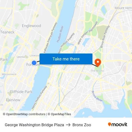 George Washington Bridge Plaza to Bronx Zoo map