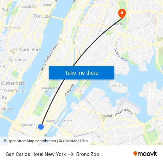 San Carlos Hotel New York to Bronx Zoo map