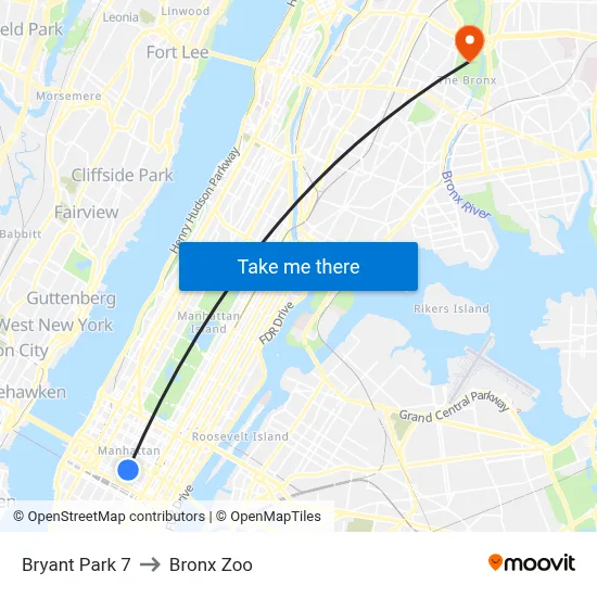 Bryant Park 7 to Bronx Zoo map