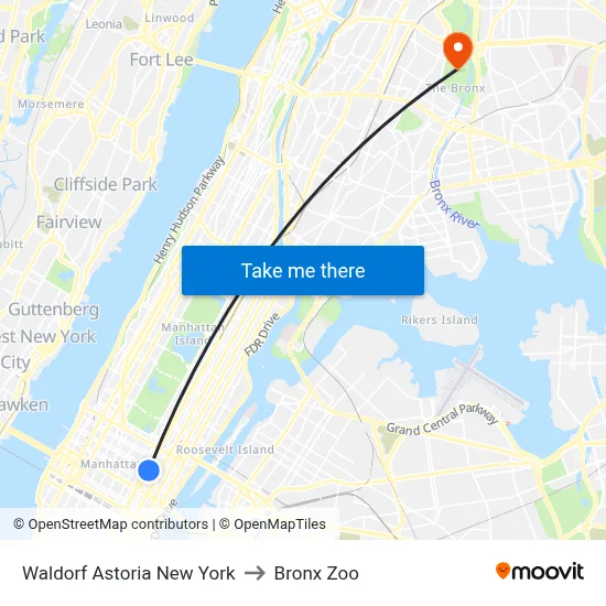 Waldorf Astoria New York to Bronx Zoo map
