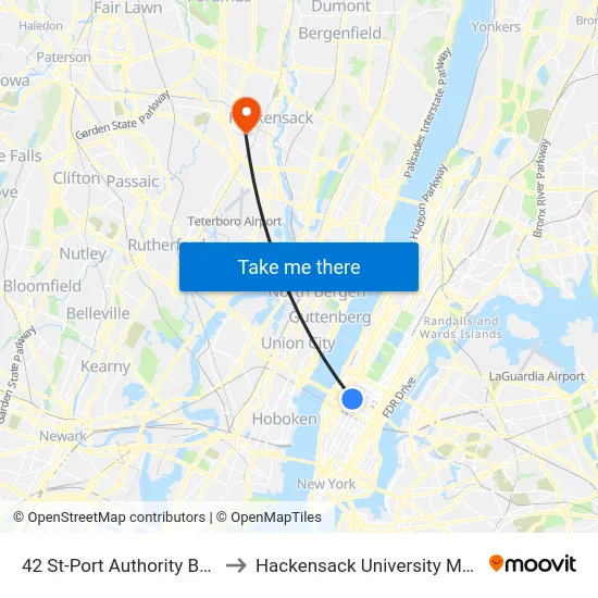 42 St-Port Authority Bus Terminal to Hackensack University Medical Center map