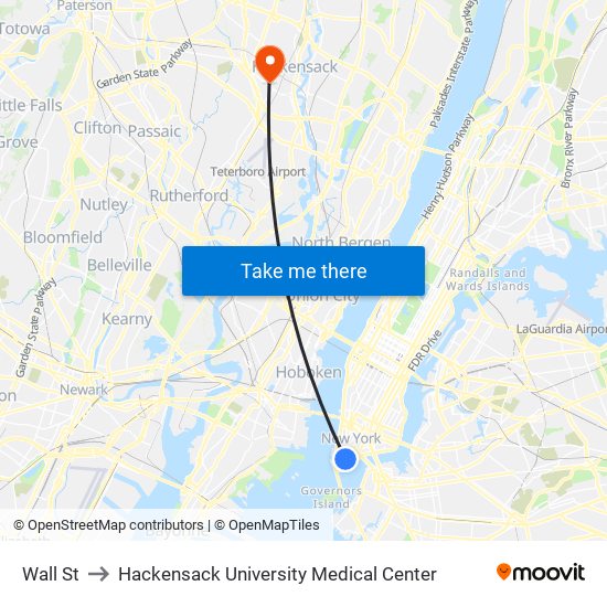 Wall St to Hackensack University Medical Center map