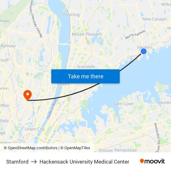 Stamford to Hackensack University Medical Center map