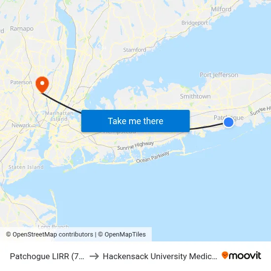 Patchogue LIRR (77, 77y) to Hackensack University Medical Center map