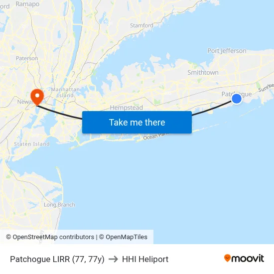 Patchogue LIRR (77, 77y) to HHI Heliport map