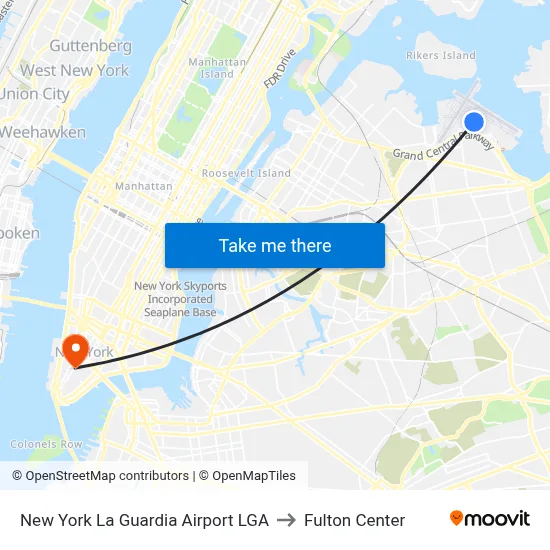 New York La Guardia Airport LGA to Fulton Center map