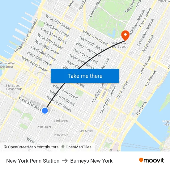 New York Penn Station to Barneys New York map