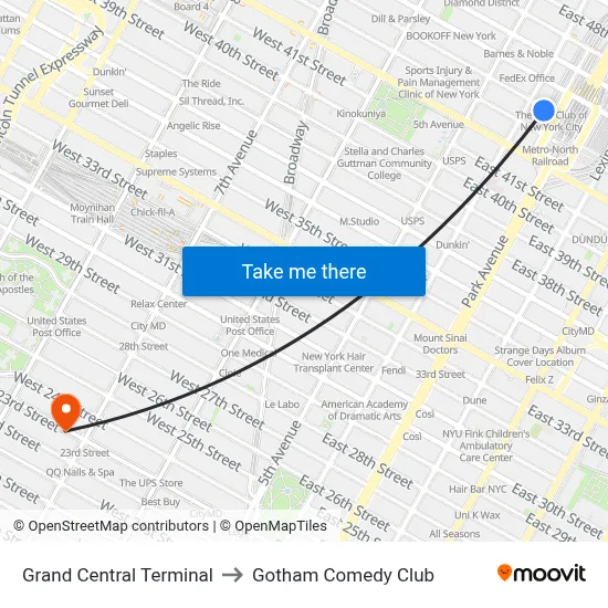 Grand Central Terminal to Gotham Comedy Club map