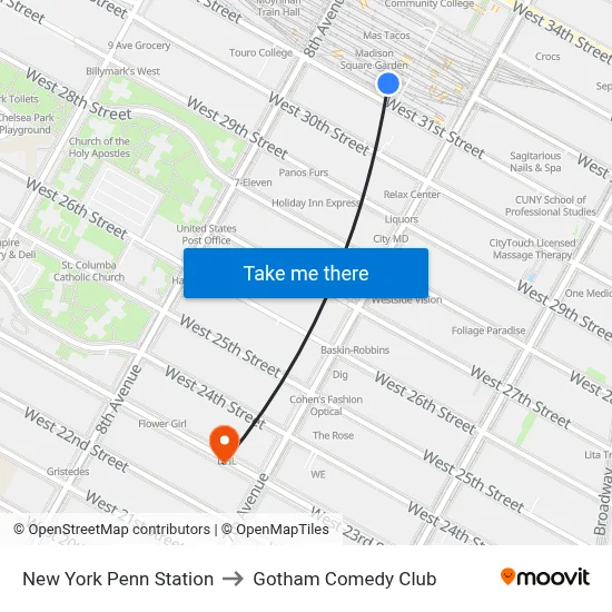New York Penn Station to Gotham Comedy Club map