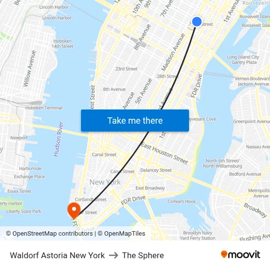 Waldorf Astoria New York to The Sphere map