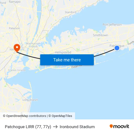 Patchogue LIRR (77, 77y) to Ironbound Stadium map