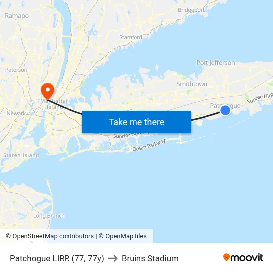 Patchogue LIRR (77, 77y) to Bruins Stadium map