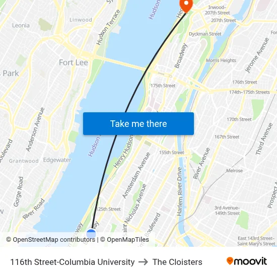 116th Street-Columbia University to The Cloisters map