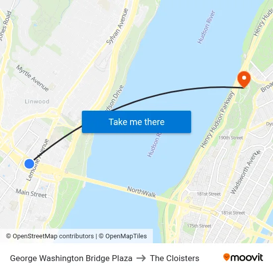 George Washington Bridge Plaza to The Cloisters map