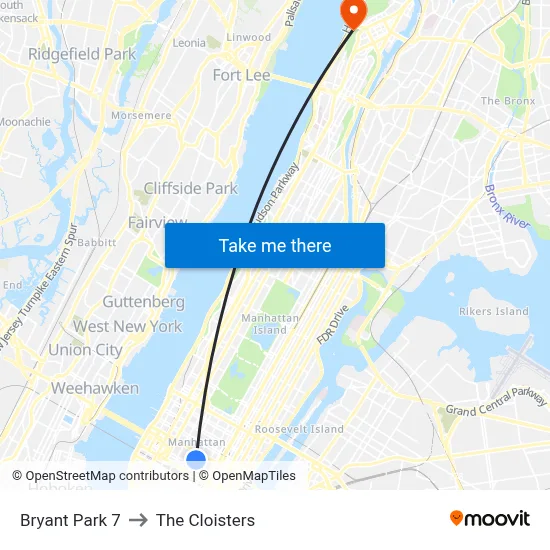 Bryant Park 7 to The Cloisters map