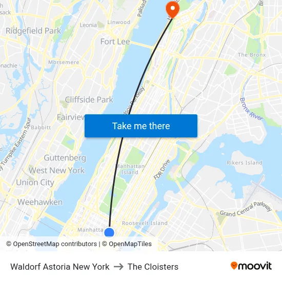 Waldorf Astoria New York to The Cloisters map