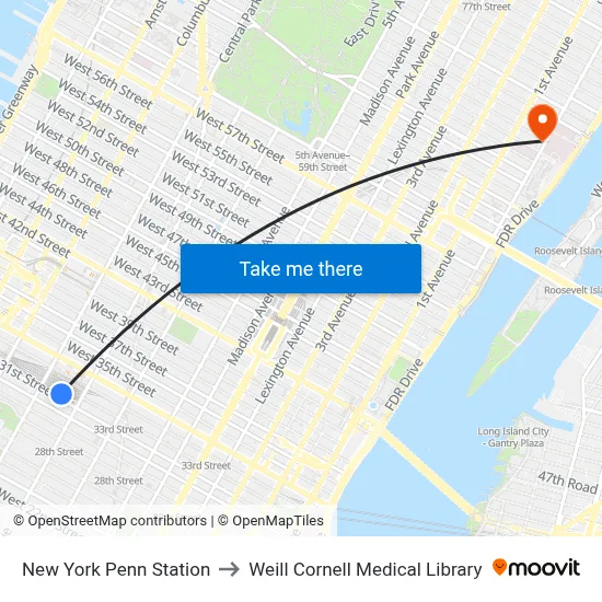 New York Penn Station to Weill Cornell Medical Library map
