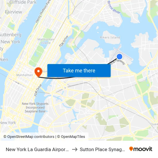 New York La Guardia Airport LGA to Sutton Place Synagogue map