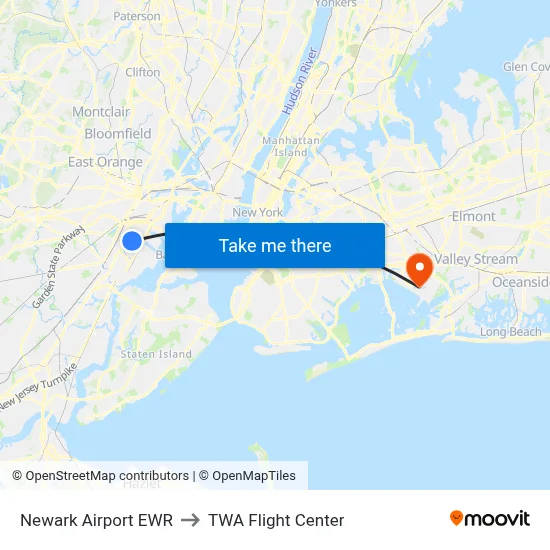 Newark Airport EWR to TWA Flight Center map