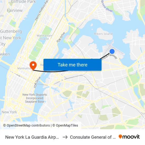 New York La Guardia Airport LGA to Consulate General of Japan map