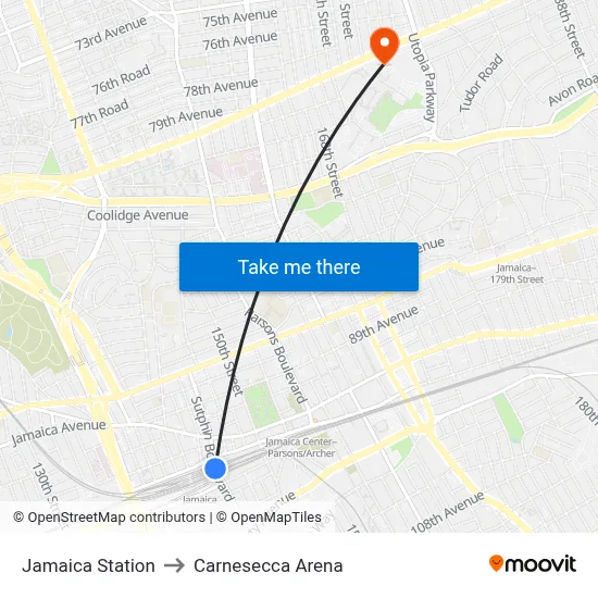 Jamaica Station to Carnesecca Arena map