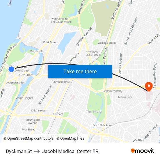 Dyckman St to Jacobi Medical Center ER map