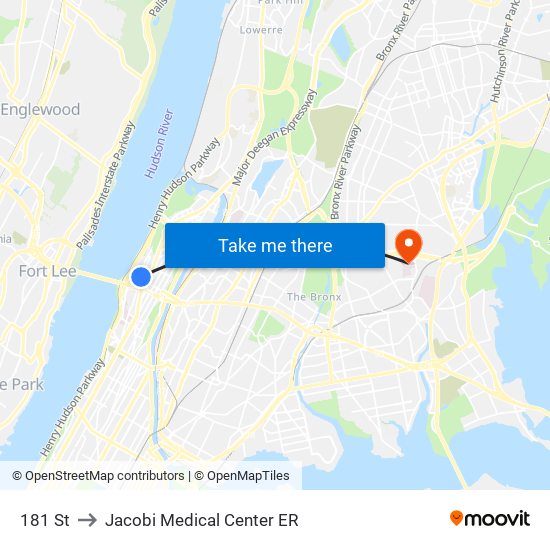 181 St to Jacobi Medical Center ER map