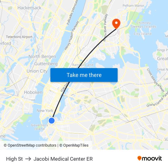 High St to Jacobi Medical Center ER map