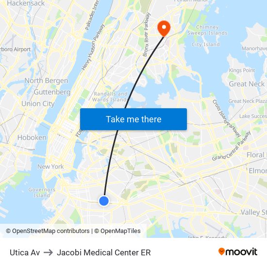 Utica Av to Jacobi Medical Center ER map
