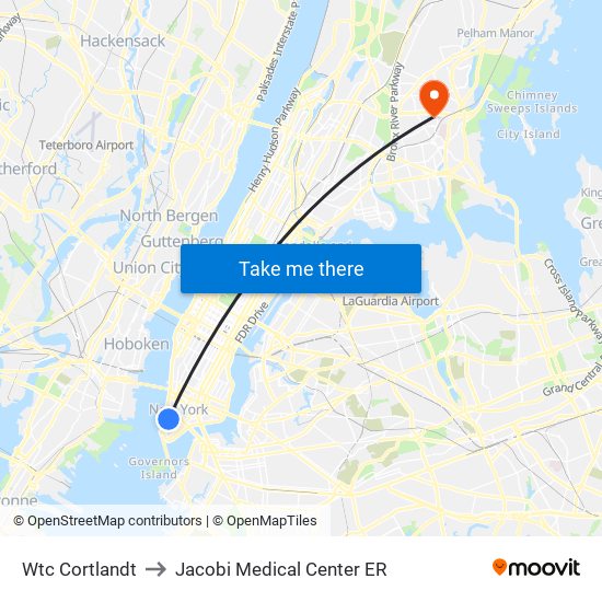 Wtc Cortlandt to Jacobi Medical Center ER map