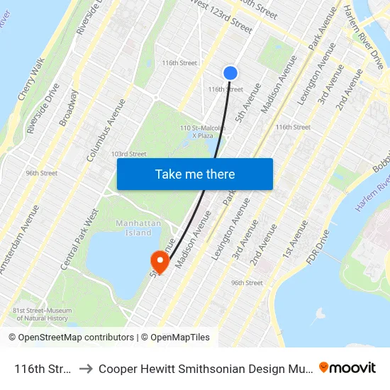 116th Street to Cooper Hewitt Smithsonian Design Museum map