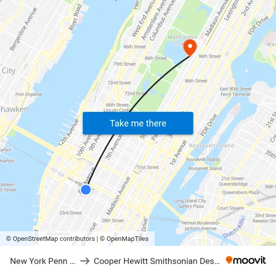 New York Penn Station to Cooper Hewitt Smithsonian Design Museum map