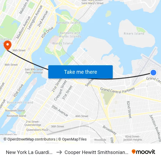 New York La Guardia Airport LGA to Cooper Hewitt Smithsonian Design Museum map