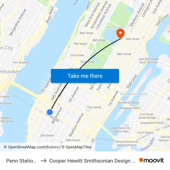 Penn Station NY to Cooper Hewitt Smithsonian Design Museum map