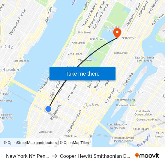 New York NY Penn Station to Cooper Hewitt Smithsonian Design Museum map