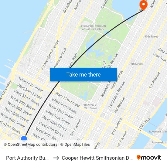 Port Authority Bus Terminal to Cooper Hewitt Smithsonian Design Museum map