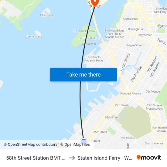 58th Street Station BMT Fifth Avenue Line to Staten Island Ferry - Whitehall Terminal map