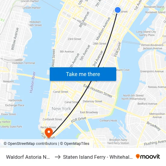 Waldorf Astoria New York to Staten Island Ferry - Whitehall Terminal map