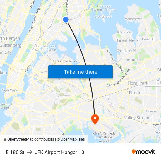 E 180 St to JFK Airport Hangar 10 map