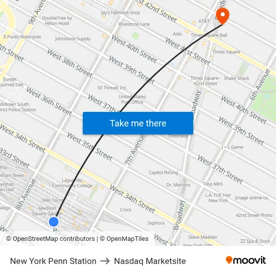 New York Penn Station to Nasdaq Marketsite map