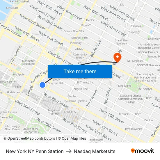 New York NY Penn Station to Nasdaq Marketsite map