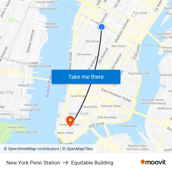 New York Penn Station to Equitable Building map