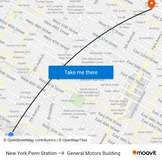 New York Penn Station to General Motors Building map