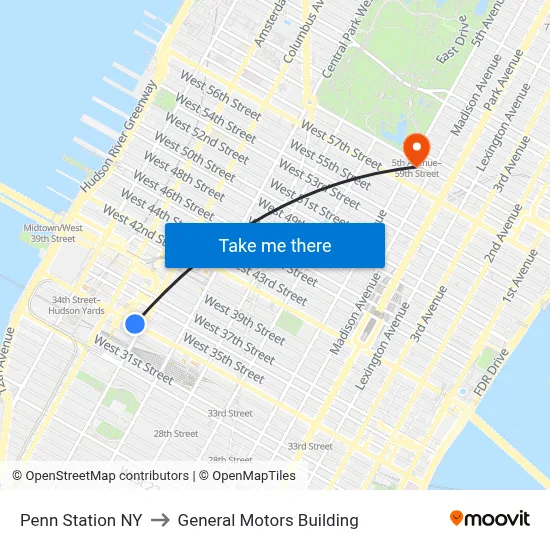 Penn Station NY to General Motors Building map