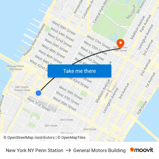New York NY Penn Station to General Motors Building map