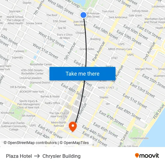Plaza Hotel to Chrysler Building map