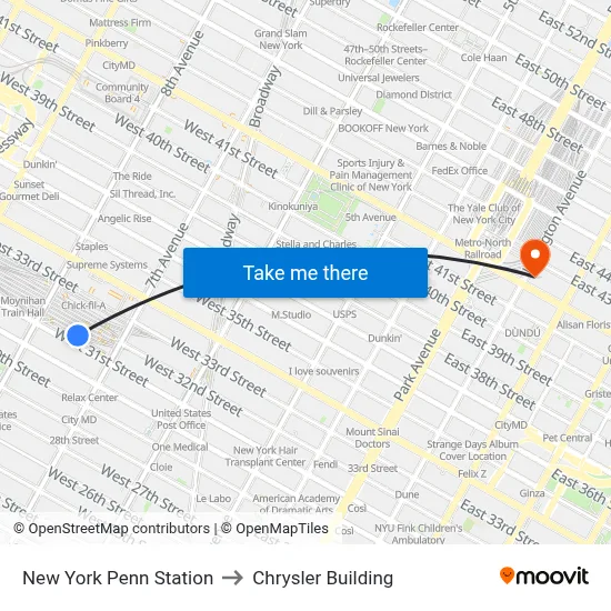 New York Penn Station to Chrysler Building map